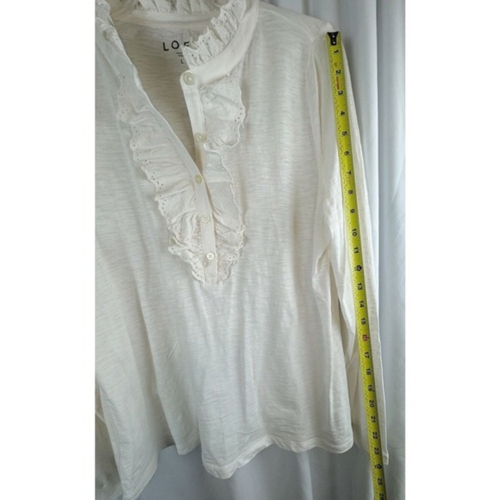 LOFT Cream Eyelet Lace Ruffle Henley Top‎ Long Sleeve Cotton L Cottagecore 58-22 - Picture 6 of 11